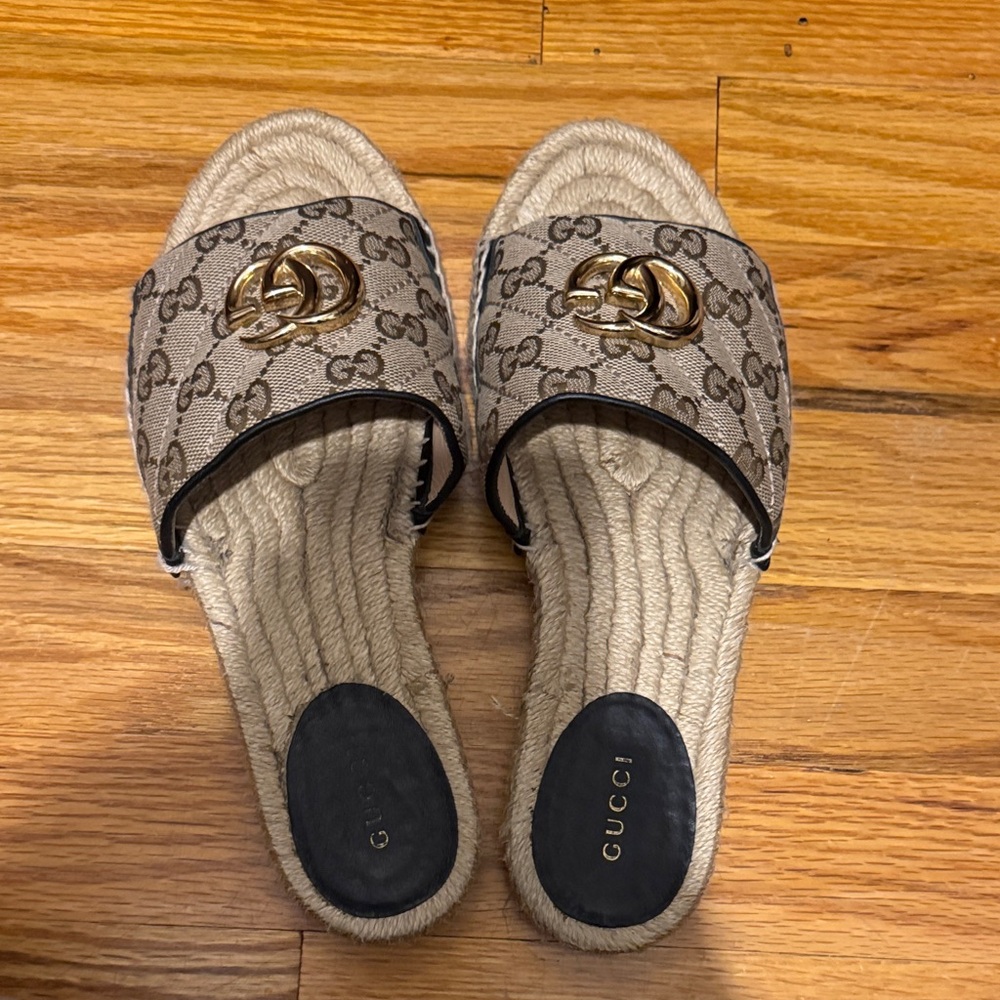 Gucci Monogram Beige Espadrille Sandals